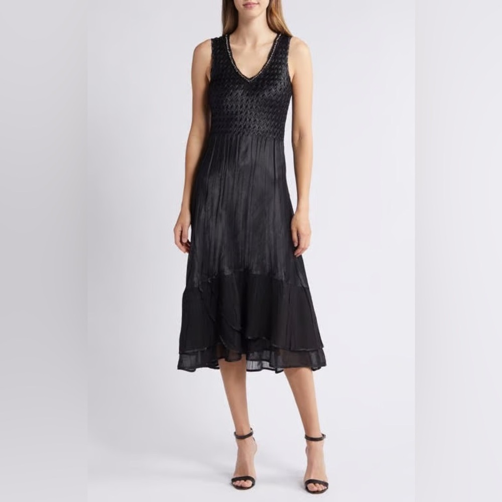 NWT Komarov black Charmeuse and chiffon midi dress